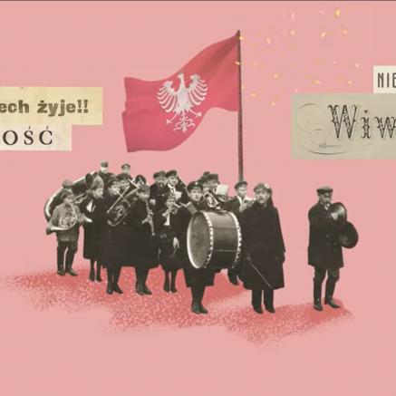 Kadr z filmu, który przedstawia Polaków, którzy cieszą się ze zwycięstwa w I wojnie światowej i z utworzenia ponownie państwa polskiego.