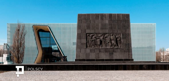 The POLIN Museum building with Ghetto Heroes Monument behind