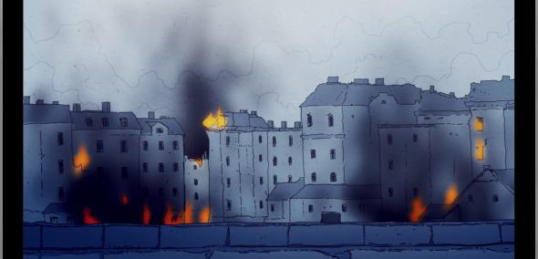 Kadr z filmu - przedstawia płonące miasto