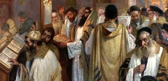 Obraz przedstawiający Żydów modlących się w synagodze w czasie Jom Kipur