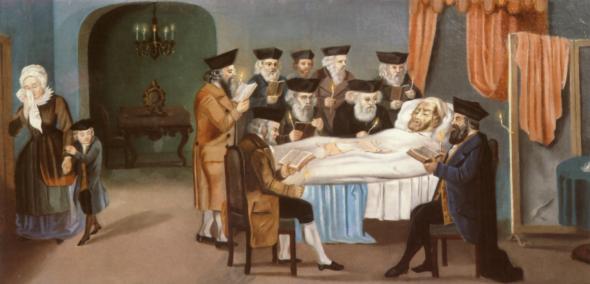 Przy łóżku umierajcego modlą się mężczyźni. Żona i dziecko umierającego stoją z boku i płaczą