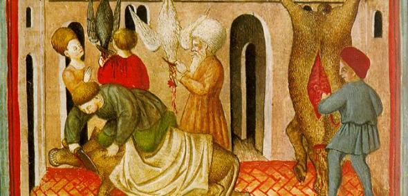Na obrazie widzimy grafikę: Ilustracja z XV wieku przedstawiająca szechitę – żydowski ubój rytualny.