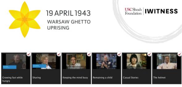 A graphic with logos and titles: 19 April 1943 Warsaw Ghetto Uprising / USC Shoah Foundation, IWitness