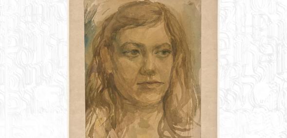 Portret neiznanej kobiety, wykonany techniką akwareli, w kolorach brązu i beżu. Namalowany przez Gelę Seksztajn-Lichtensztajn. Dar Piotra Setkiewicza.