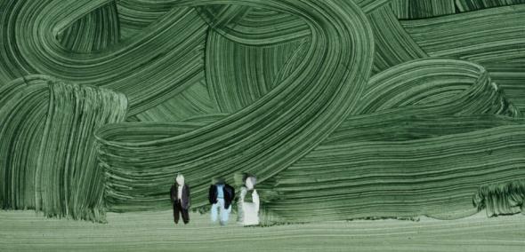 Obraz Wilhelma Sasnala - Shoah (Las), olej na płótnie, 2003. Las zajmuje całe tło obrazu, zaznaczony jest szerokimi pociągnięciami pędzla, zieloną farbą. Na dole obrazu trzy nieduże postacie na tle lasu