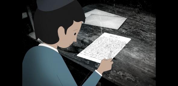 Kadr z filmu "Będę pisać" w reżyserii Hi-story. Chłopiec pisze na kartce papieru.