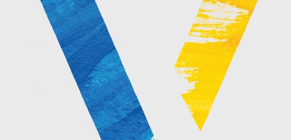 Na grafice litera V w kolorach flagi ukraińskiej - niebieskim i żółtym.