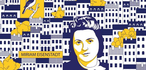 Fragment muralu upamiętniającego 79. rocznicę powstania w getcie warszawskim. Przedstawia Marię Ajzensztadt. Są też budynki mieszkalne i żółte akcenty - kwiaty, wróbelek na gałązce.