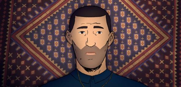 Kadr z filmu animowanego "Przeżyć", a na nim jego bohater - ciemnowłosy i ciemnooki Amin.