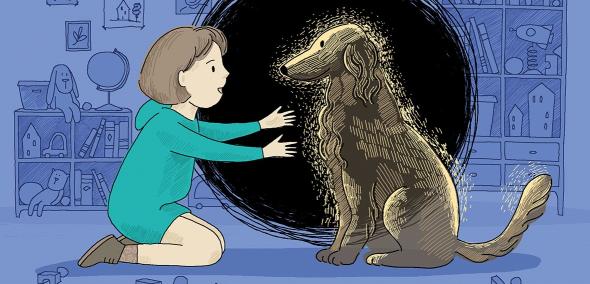 Pokój w mieszkaniu. Dziewczynka wyciąga ręce w kierunku psa. Obok nich jest czarna dziura.