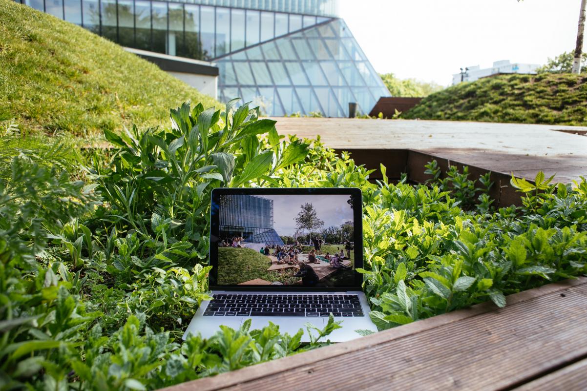 Zdjęcie ilustracyjne - na trawniku stoi otwarty i właczony laptop, na którym wyświetlone jest zdjęcie, które przedstawia ludzi, siedzących na tym samym trawniku