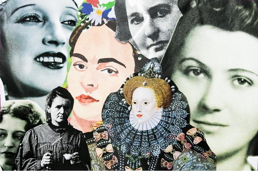 Kolaż złożony z twarzy kobiet, znanych z historii (np. królowa Elżbieta I) lub przedstawicielki nauki (m.in. Maria Skłodowska-Curie) czy kultury (m.in. Frida Kahlo)