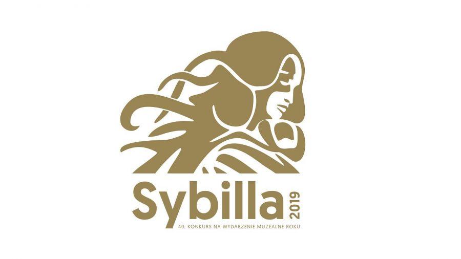 Złota głowa kobiety z długimi włosami - przedstawienie graficzne. Pod nią podpis: Sybilla 2019. 40 konkurs na wydarzenie muzealne roku