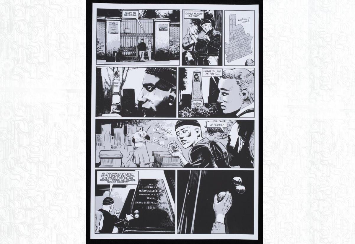 Plansza komiksowa, w kolorach czarnym i białym. Przedstawia historię o Jacku, współczesnym chłopcu poznającym historię bankiera Hipolita Wawelberga