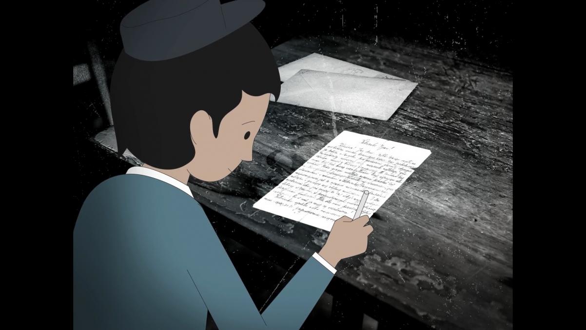 Kadr z filmu "Będę pisać" w reżyserii Hi-story. Chłopiec pisze na kartce papieru.