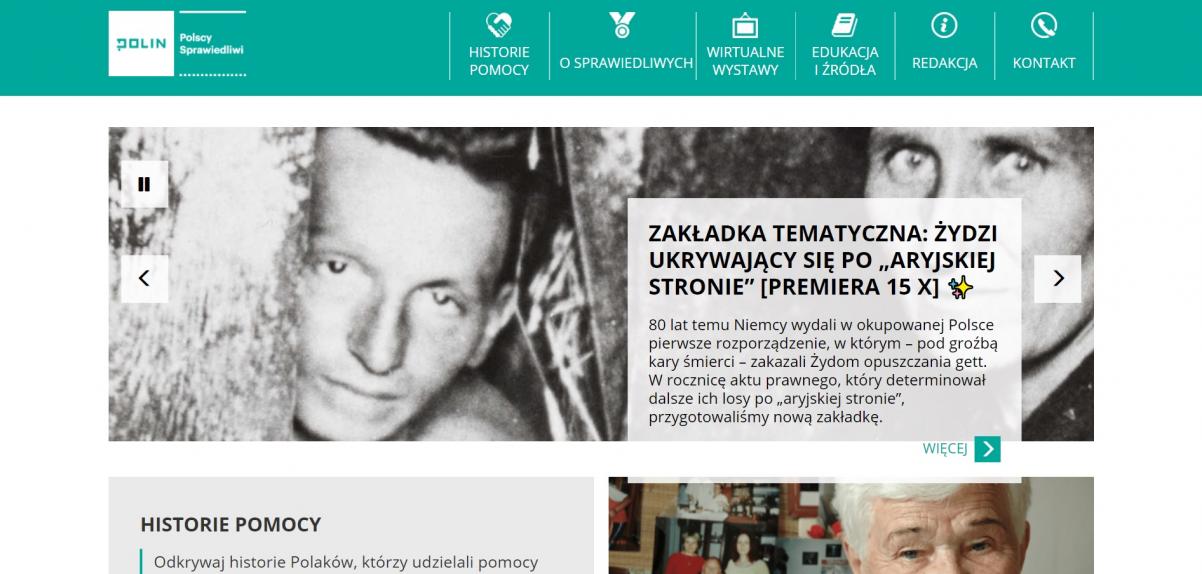 Print screen z portalu Polscy Sprawiedliwi - na jasnozielonym pasku na górze logo Muzeum POLIN i portalu oraz menu, poniżej kafle strony głównej z grafikami i tekstem.