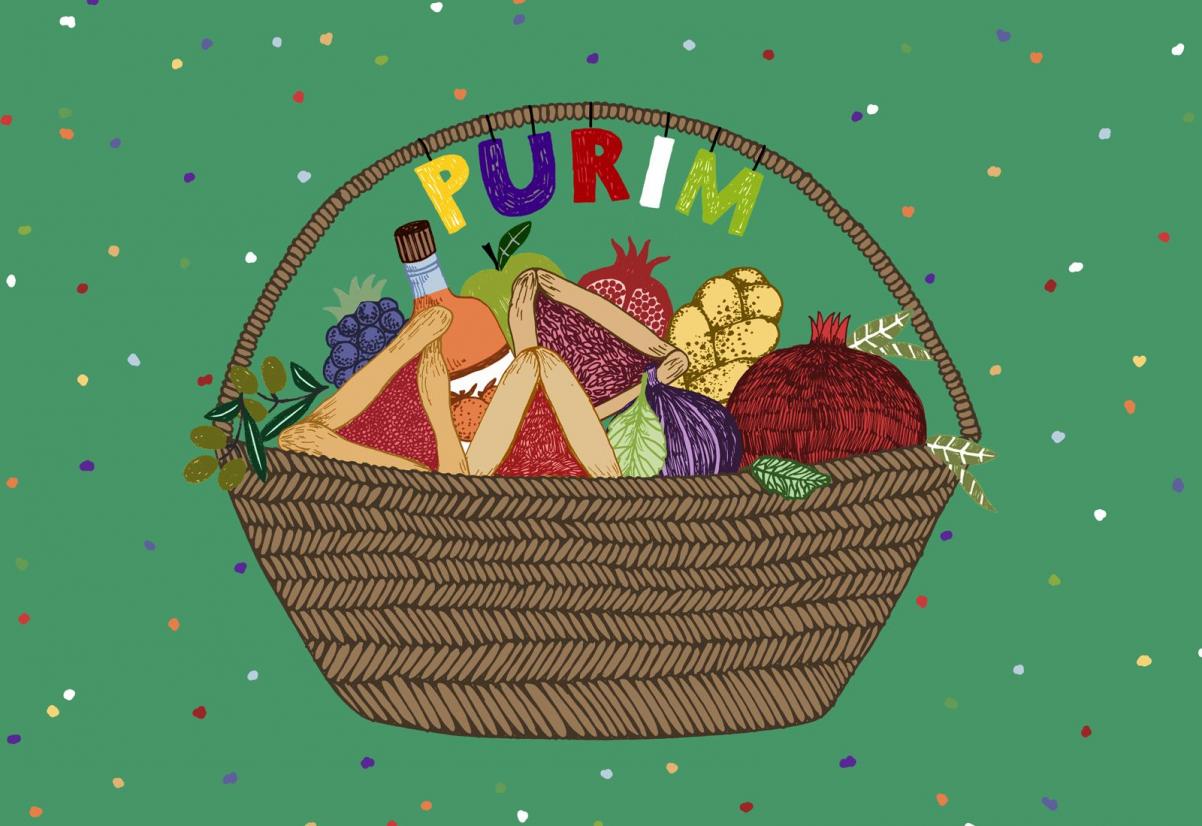 Grafika przedstawia kosz w którym znajdują się hamantasze - tradycyjne ciasteczka wypiekane na Purim - chałka, owoce granatu, figi, winogrona. Wszystko na zielonym tle w kolorowe kropki