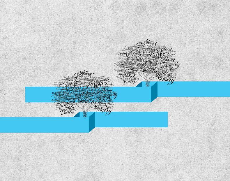 Grafika ilustracyjna - drzewa w niebieskich donicach.
