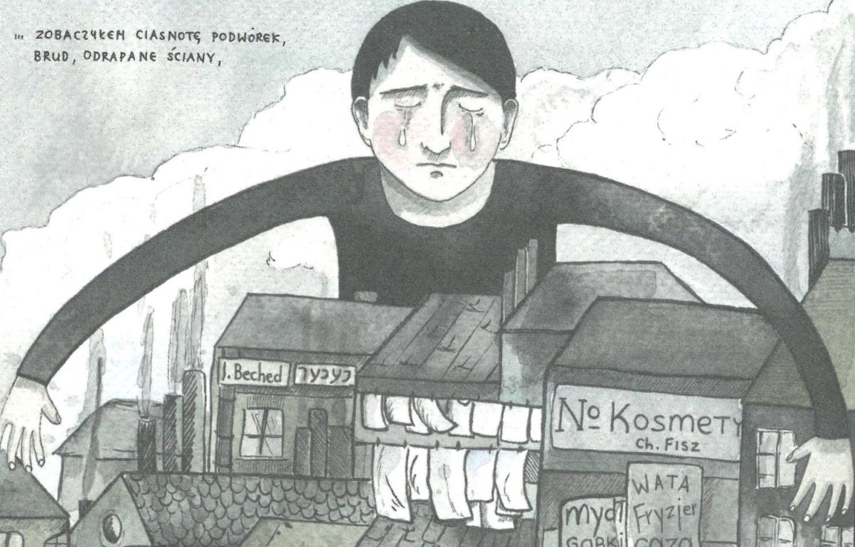Komiks przedstawia chłopca, który obejmuje długimi rękami kilka domów.