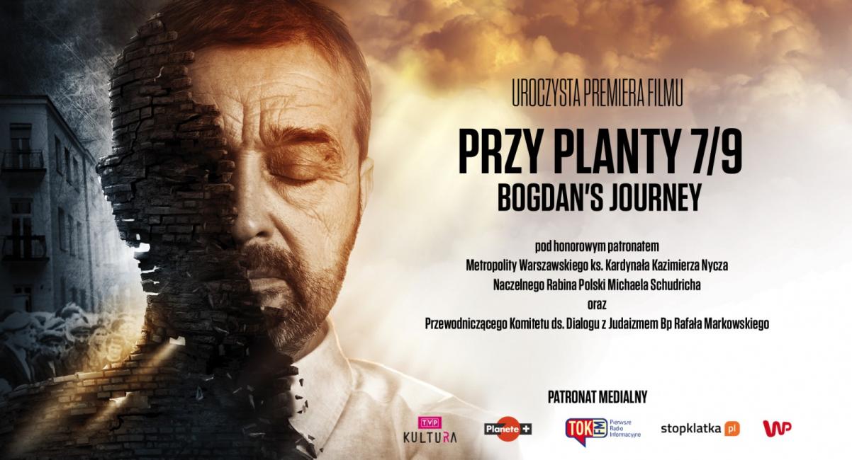 Grafika ilustracyjna - twarz mężczyzny, obok napis przy planty 7/9. Bogdan's journey.