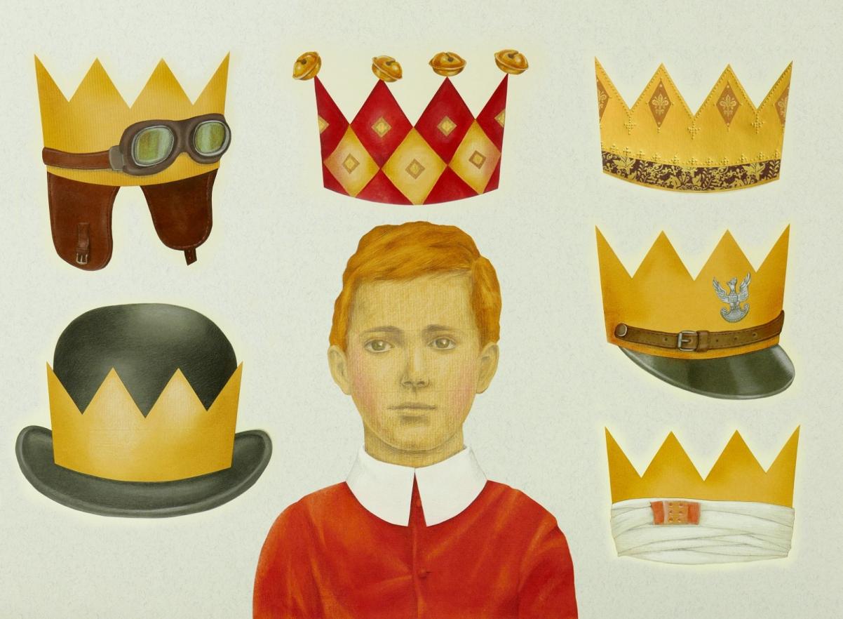 Wystawa "W Polsce króla Maciusia" - wokół króla Maciusia różne nakrycia głowy z koroną.