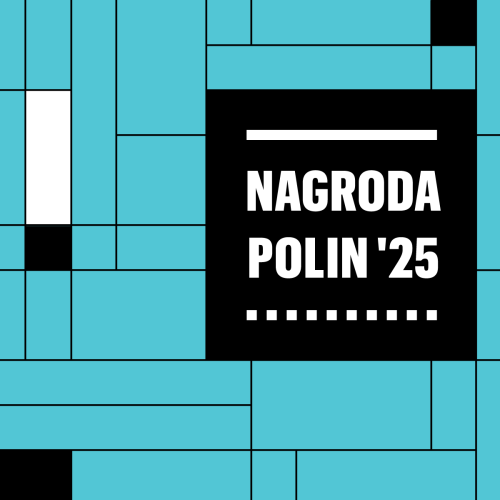 Na niebieskim tle kwadrat z napisami Nagroda POLIN '25.