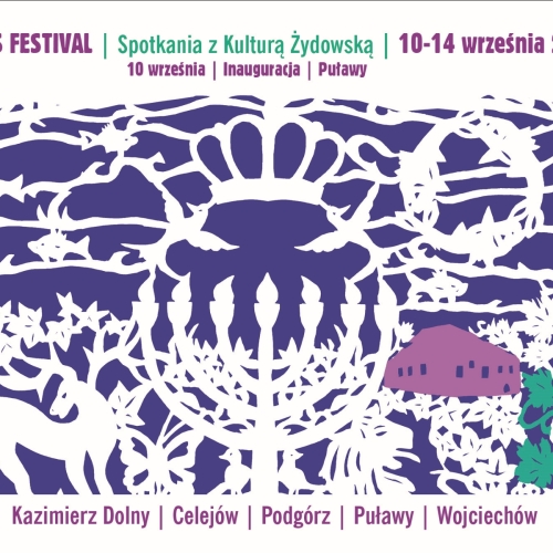 W centralnym punkcie wycinanka z menorą, roślinami, jeleniami. Na górze napis: Pardes Festival - Spotkania z Kulturą Żydowską, 10-14 września 2025, 10 września - inauguracja Puławy. Na dole: Kazimierz Dolny, Celejów, Podgórz, Puławy, Wojciechów.