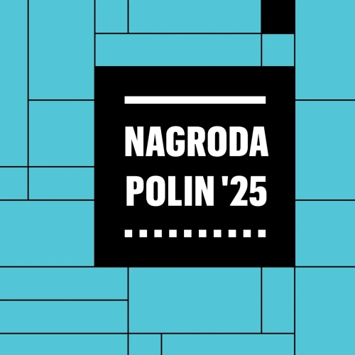 Na niebieskim tle kwadrat z napisami Nagroda POLIN '25.