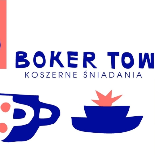 Napis Boker tow koszerne śniadania i rysunki przedstawiające kawę i miski z jedzeniem.