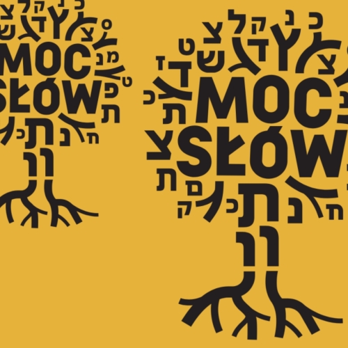 Four black trees with the words ‘The power of words’ on a yellow background.