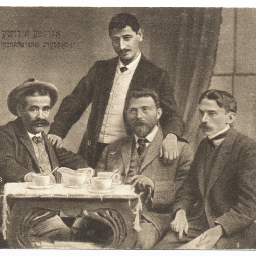 From left to right: Avrom Reyzen, Yitschok Leybush Perets, Sholem Asch, Chaim Żyłtowski, Hersh David Nomberg.